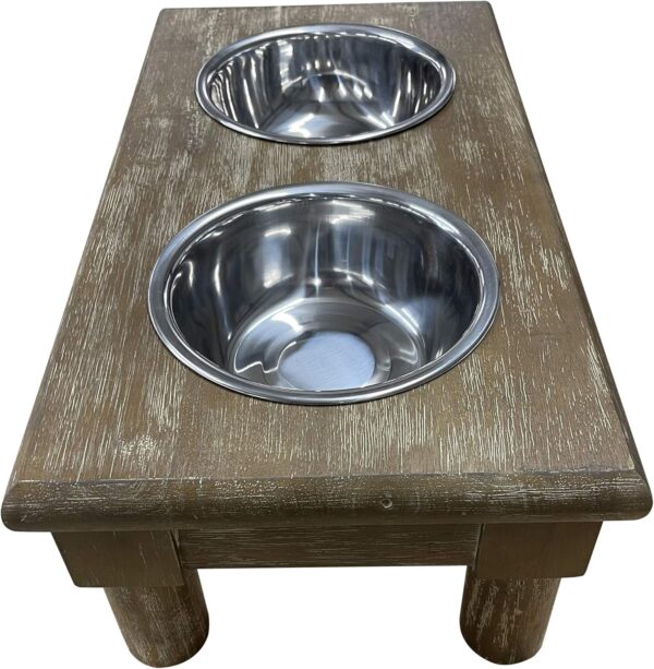 | Adjustable Dog Feeder - 3 Height Levels - Aluminum Bowls - Washed Oak Finish - Farm House Pet Supplies - 16" Tall - 12" Tall - 8" Tall - Image 4