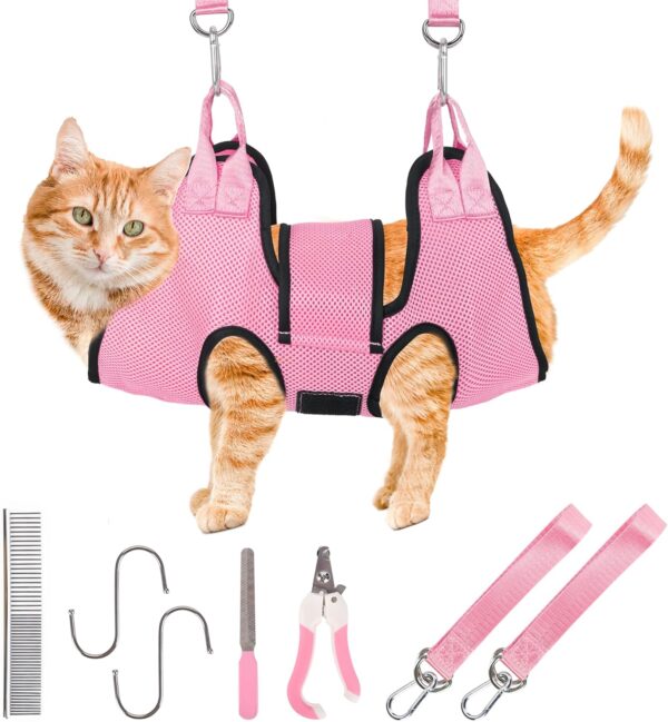 Dog Grooming Hammock, Pet Grooming Hammock for Cats & Dogs with Security Strap, Dog Sling for Nail Trimming with Nail Clippers/Trimmer, Nail File, Pet Comb(Pink XS)