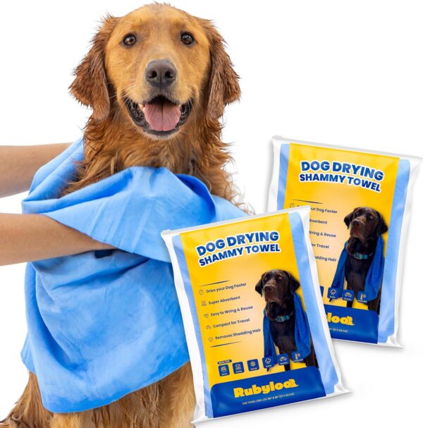 Shammy Dog Towels for Drying Dogs Large - 2pk (34" x 26") - Dries Dogs 2X Faster - Easy to Wring Out & Reuse - Ultra Absorbent- Compact - Dog Drying Towel for Bath, Swim, Rain, Travel - Cooling Towel