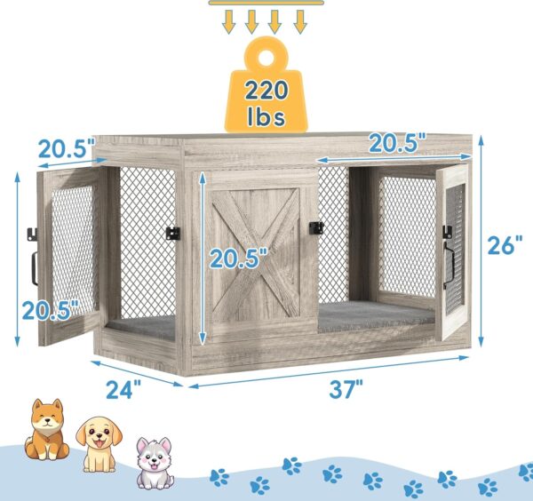 Wooden Dog Crate Furniture,36 Inch Dog Kennel Indoor with Double Doors, Medium Dog Cage with Cushion, Wood Pet House End Table Chew-Resistant for Medium/Small Dog, Grey - Image 2