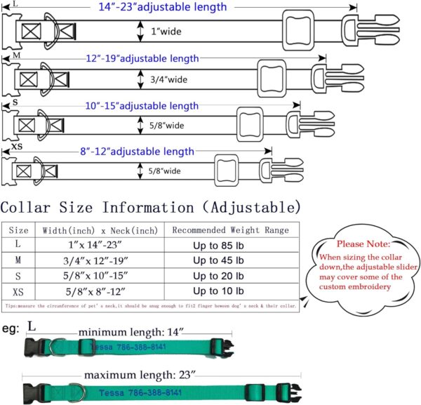 FlowerTown Personalized Dog Collar with Embroidered Name and Phone Number, Custom Dog ID Collars 4 Adjustable Sizes with Safety Release Buckle and D-Ring (Normal), Blue - Image 6