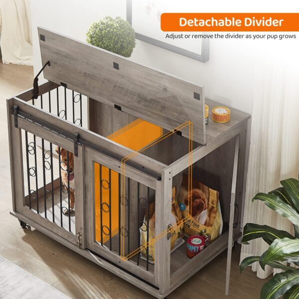 IchbinGo Dog Crate Furniture with Sliding Barn Door, 39" Wooden Dog Kennel End Table with Wheels and Flip-top Plate Dog House with Detachable Divider for Small/Medium/Large Dog (Rustic Grey) - Image 2