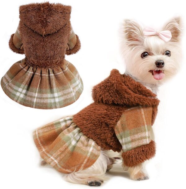 Dog Hoodie Dress Winter Dog Sweaters for Small Dogs Girl Cold Weather Warm Puppy Dresses Pink Plaid Pet Clothes Outfits for Chihuahua Yorkie Teacup Cat Skirt Coat Apparel Clothing (X-Small, Brown)