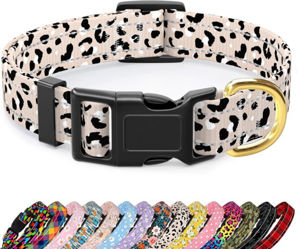 Reflective Dog Collar, Cute Leopard Style Dog Collars for Medium Dogs, Soft Nylon Puppy Collar for Boy and Girl Female Dog, Adjustable Heavy-Duty Pet Collar with Quick Release Buckle, Beige