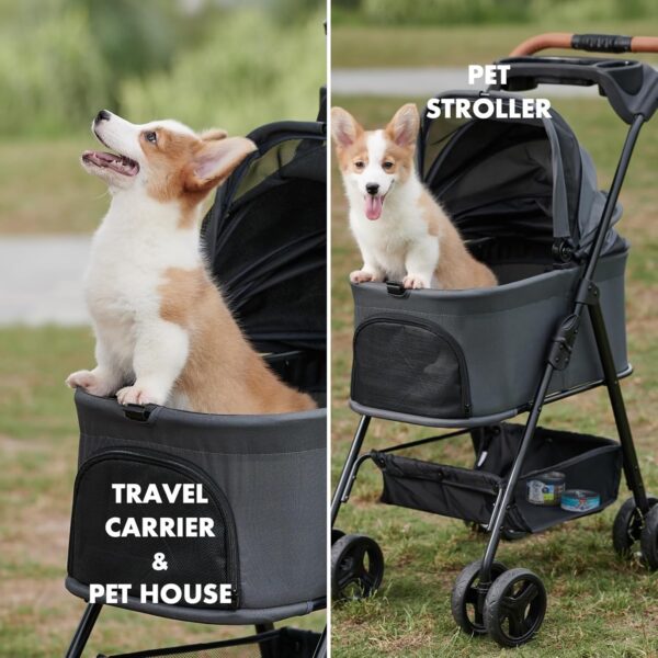 3 in 1 Folding Dog Stroller, Pet Folding Stroller, 4 Wheels Dog/Cat Puppy Stroller w/Removable Travel Carrier for Small/Medium Pet, Waterproof Pad, Car Seat, Sun Shade - Image 7