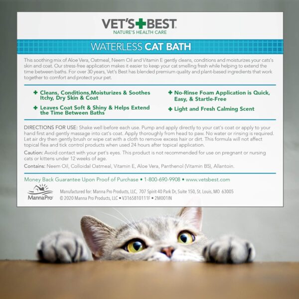 Vet's Best Waterless Cat Bath | No Rinse Waterless Dry Shampoo for Cats | Veterinarian Formulated | 4 Ounces,Green - Image 5