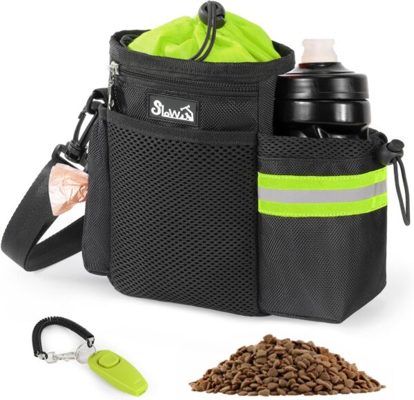 SlowTon Dog Treat Pouch - 4 Ways to Wear Dog Treat Bag with 2-in-1 Whistle Clicker, Adjustable Waist Belt, Metal Clip, Water Bottle Holder, Built-in Poop Bag Dispenser for Pet Training(Green)