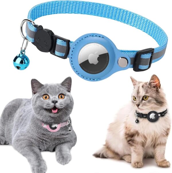 Reflective AirTag Cat Collar Breakaway with Safety Elastic Band – Cat Collar with Apple Air Tag Holder & Bell - Adjustable Length (9-13 Inch) & Lightweight for Girl Boy Cats and Kittens [Blue]