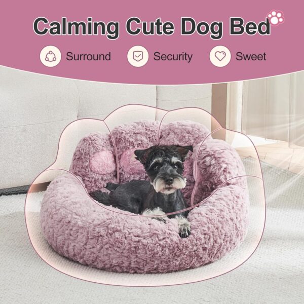 Jiupety Pet Round Bed of Paw Shape, Calming Donut Dog Bed for Medium and Small Dog, Faux Fur Cat Bed, Comfortable and Soft Puppy Bed, Machine Washable, Large Size (26"×26"×8"), Purple. - Image 4