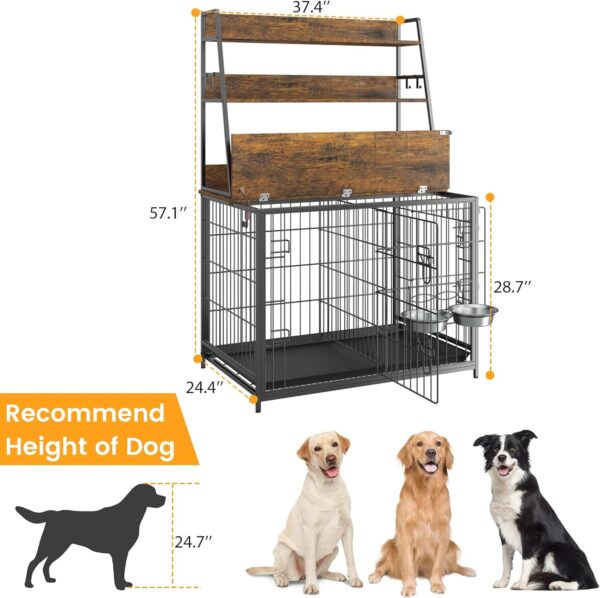 Furniture Style Dog Crate, Indoor Basic Dog Cage with 3-Layer Storage Shelves, Flip-up Top End Table Dog Cage, Dog Kennel Furniture with Adjustable Bowls, 37.4" L x 24.4" W x 57.1" H,Brown - Image 6