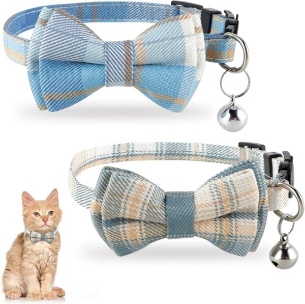 2Pcs Cat Collar Breakaway, Cat Collar with Bells Bowtie Plaid Cat Collar Adjustable for Kitten Puppy and Small Pets (Blue and white plaid)