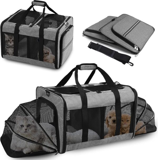 Portable 2-in-1 Pet Carrier,Double Compartment Cat & Dog Carrier for 2 Cats,Expandable Medium Dogs Large Cat Carrier with Sturdy Base,Breathable,Good for Traveling Walking Camping（Grey）