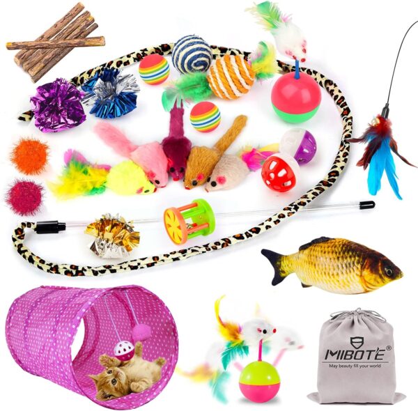 MIBOTE 28Pcs Cat Toys Kitten Toys Assorted, Cat Tunnel Catnip Fish Feather Teaser Wand Fish Fluffy Mouse Mice Balls and Bells Toys for Indoor Cat Puppy Kitty Interactive Cat Toy Set