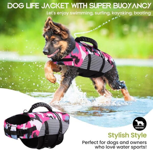 MIGOHI Dog Life Jacket, Camo Dog Life Vest with Rescue Handle for Swimming Boating Pool, High Visibility Dog Flotation Swimsuit Ripstop Doggy Lifesaver for Small Medium Large Dogs, Pink M - Image 2