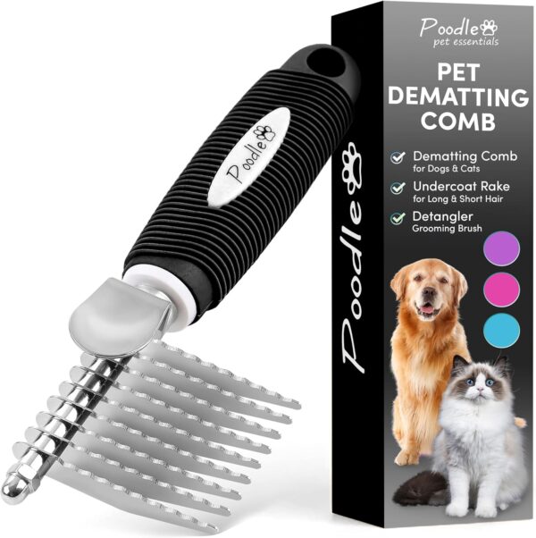 Poodle Pet Dematting Fur Rake Comb Brush Tool - Dog and Cat Comb with Long 2.5 Inches Steel Safety Blades for Detangling Matted or Knotted Undercoat Hair (Black, Dematting Comb)