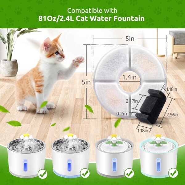 Cat Fountain Replacement Filter, 8-Pack Cat Water Fountain Filter & 4-Pack Pre-Filter Sponges for 81oz/2.4L Pet Fountain, Triple Filtration System Activated Carbon Filter for Cat Dog Water Dispensers - Image 7