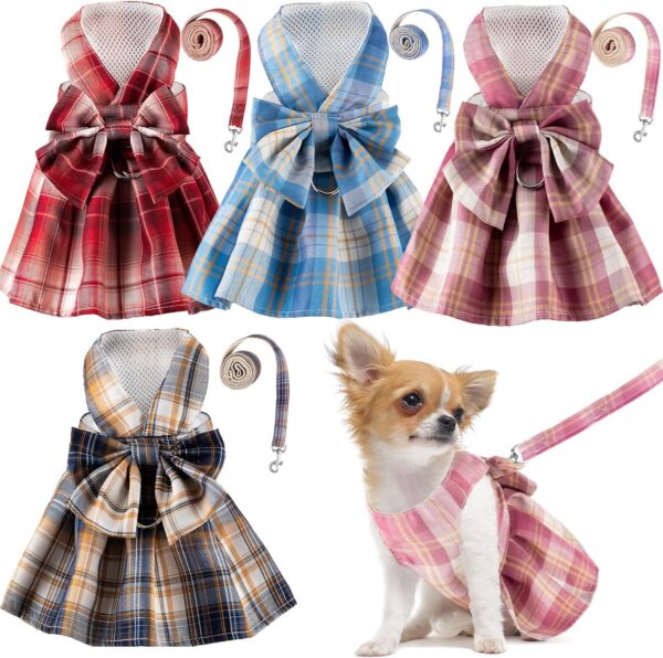 4 Pcs Plaid Dog Dress Bow Tie Harness Leash Set Harness Dress for Small Dogs Cute Dog Pet Girl Puppy Summer Clothes for Female Summer Bunny Rabbit Clothes Yorkie Chihuahua Training Walking (L)