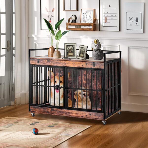 Extra Large Dog Crate Furniture, Dog Crates Furniture for Medium/Large Dogs Indoor, Heavy Duty Dog House with Wheels, Feeder Bowls & Flip Top, Large Dog Crate 43.7" L x 29.9" W x 37.8" H - Image 8