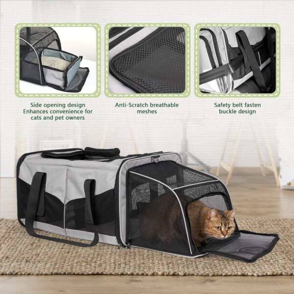 Cat Travel Carrier with Litter Boxes for 2 Cats, Double-Compartment Soft Pet Carrier, Expandable Portable Cat Carrier for Car Travel, up to 35 lb Road Trip, Camping, Hiking, Grey - Image 6