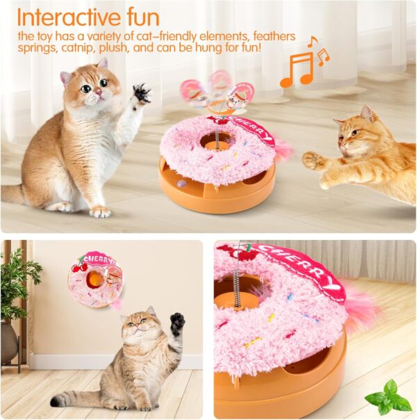 Migipaws Interactive Cat Toys, Automatic Frenzy Donut cat Toy with Moving Feather,Catnip, Squeaking for Indoor Cats Rechargeable (Cherry)… - Image 3