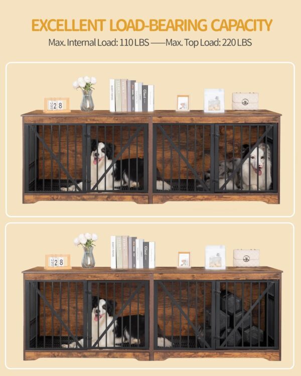 76.4" Dog Crate Furniture with Divider for 2 Dogs, Large Dog Kennel Indoor with Adjustable Door, Tray, Wood Dog Crate End Side Table for Small Medium Large Dog, Anti-Chew Anti-Escape, Brown - Image 6