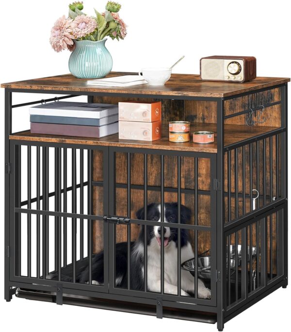 Dog Crate Furniture with Storage, 31.5" Heavy Duty Dog Kennel with Bowls & Removable Tray, Wooden Dog Cage End Table for Small/Medium Dogs, Chew-Resistant, Rustic Brown DCHR10801 - Image 9