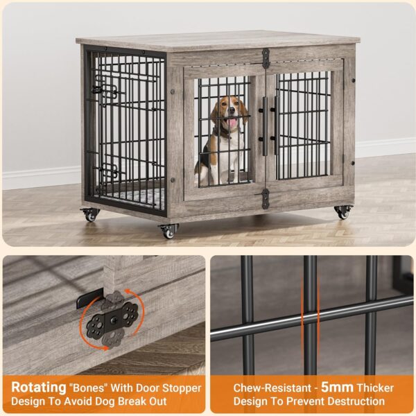 Lulive Dog Crate Furniture, Dog Kennel Indoor Double Doors Wooden Dog Cage, 33'' Heavy Duty Dog Crate with Cushion & Wheels, Decorative End Table Pet House Chew-Resistant for Medium/Small Dog, Grey - Image 7