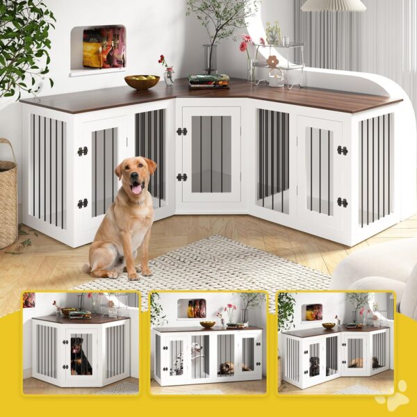 Large Dog Crate Furniture for 3 Dogs, 113'' Corner Dog Crate with Divider, 3 in 1 Wooden Indoor Dog Kennel Furniture, Dog Crate for Small Medium Large Dogs - Image 5