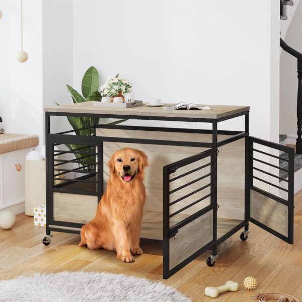 DWVO Dog Crate Furniture, 39.4 Inch Dog Kennel Indoor Furniture End Table Dog Crate for Dogs, Modern Decorative Dog Crate Wooden Dog Crate Furniture with Wheels, Chew-Resistant, Grey