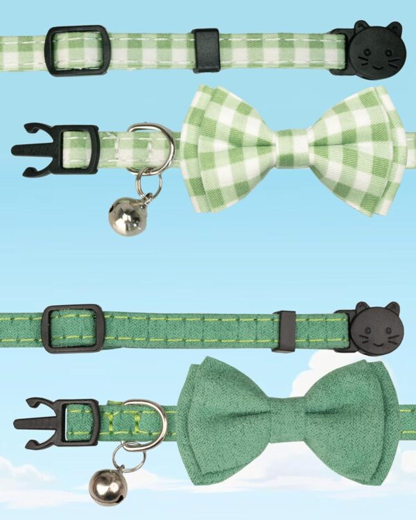 Cat Collar with Bell Girl Boy Kitten Bow Tie Safety Breakaway Plaid Solid Color Gift Set Spring Pink Cute [2pcs] Green - Image 6