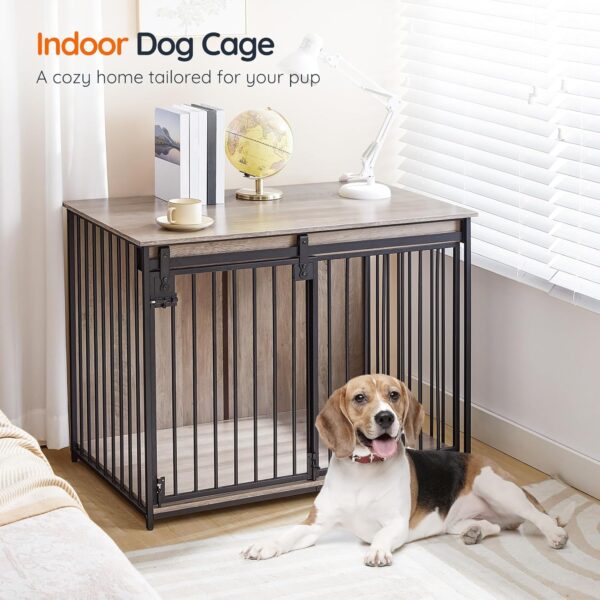 HOOBRO Dog Crate Furniture, 39.4" Heavy Duty Dog Kennel with Sliding Barn Door, Decorative Dog Crate Indoor, End Side Table for Small/Medium Dog, Greige and Black BG162GW03 - Image 5