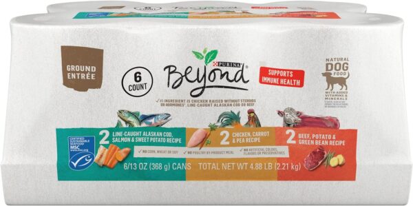 Purina Beyond Chicken, Beef and Cod Ground Entree Grain Free Wet Dog Food Variety Pack - 6 Count (Pack of 2) 13 oz. Cans