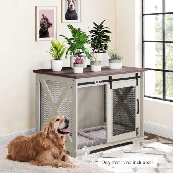 GAOMON 37'' Sliding Barn Door Dog Crate Furniture with Flip Top and Movable Divider, Wooden Dog Crate Table, Dog Kennel Side End Table, Furniture Style Large Dog House, White - Image 3