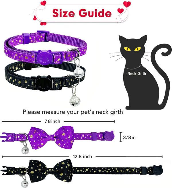 2 Pack Cat Collar with Bow Tie and Bell, Kitty Kitten Starshine Collar Breakaway Collar for Males Females Boys and Girls Cats (Black+purple) - Image 3