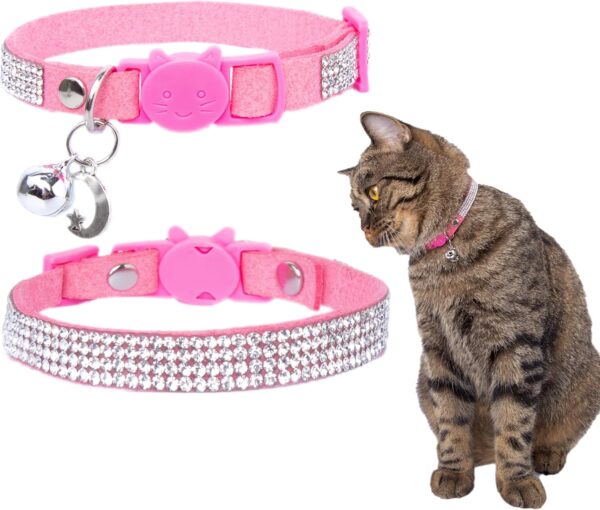 Rhinestone Cat Collar Breakaway with Bell Safety Buckle, Adjustable Diamond Girl Kitty Collar Quick Release for Kitten Tiny Little Pets, 6"-9" Pink Extra Small