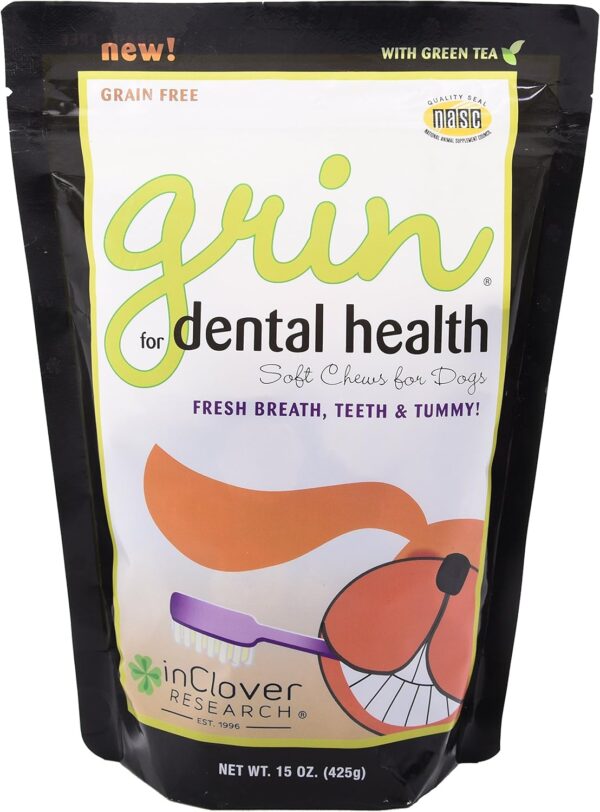 In Clover Natural Dental Treat Chew for Dogs, Grin, Fresh Breath Dog Chew Treat with Prebiotics, Fresh Breath Tartar Control Chew for Dogs, Daily Chew Supplement for Dogs Supports Dog Gums and Teeth