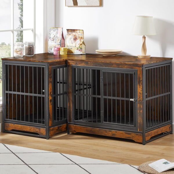 75" Large Corner Dog Crate Furniture, Double Dog Kennel Furniture for 2 Large Dogs, Stackable Dog Crates Furniture with Removable Divider & Hidden Tray & 3 Doors