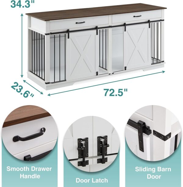 EDYO LIVING 72.5" Large Dog Crate Furniture for 2 Dogs, Wooden Dog Kennel with Drawers, Divider, Sliding Barn Door, Water Resistant Indoor Furniture Style Double Dog Crates, White - Image 6