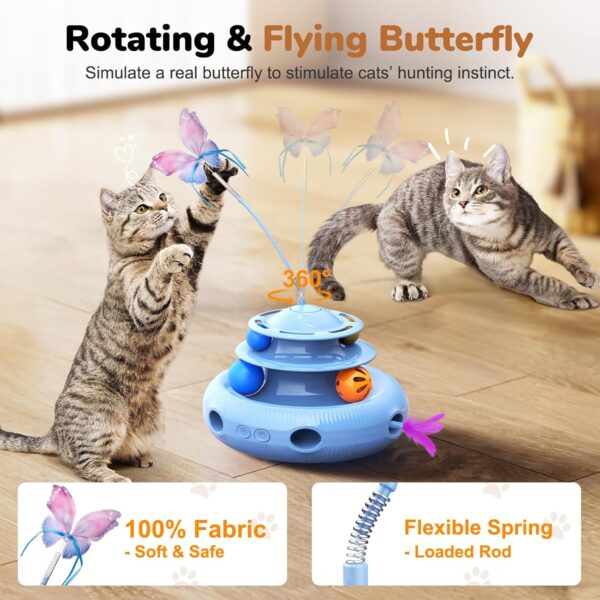 Cat Toys, 4-in-1 Rechargeable Automatic Interactive Cat Toy with Fluttering Butterfly, Random Moving Ambush Feather, Two-Tier Track Balls, 5H Smart Standby, Touch-Activated - Image 3