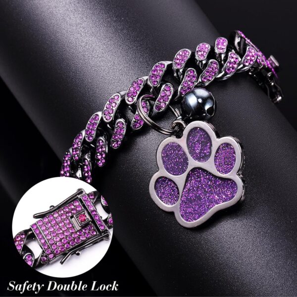 Hillban Cat Collar Diamond Chain Glitter Collar Walking Metal with Secure Buckle Cat Pet Necklace with Paw Charm Link Jewelry Accessories with ID Tag Bell for Small Cat (Steel Black, Purple,8 Inch) - Image 3