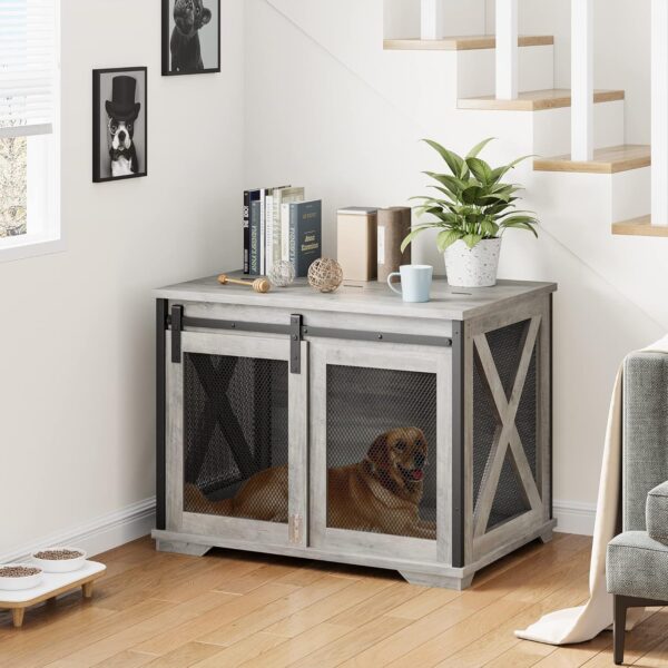 Furniture Style Dog Crate End Table with Sliding Barn Door, Indoor Dog Kennel Furniture with Removable Divider, Flip Top Dog Crate Table, Dog House,Dog Crate Furniture, Grey - Image 4