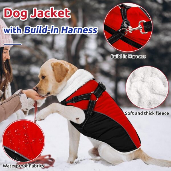 Queenmore Dog Coat, Extra Warm Winter Dog Jacket with Harness Bulid-in, Cold Weather Waterproof Dog Clothes for Large Medium Small Dogs, Fleece Lined Reflective Easy On Dog Snow Jacket,Red/Black S - Image 2