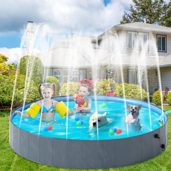 Dog Pool with Sprinkler, Foldable Portable Non-Slip Dog Bath Tub, Outdoor Kiddie Pool with Hard Plastic, Collapsible Dog Swimming Pool for Kids Dogs Pets, Gray (63"x12") - Image 8