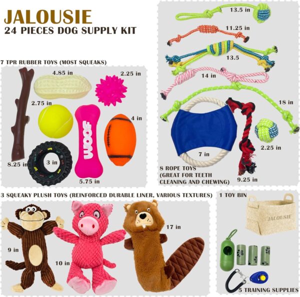 Jalousie 24 Pieces Dog Gift Basket for Medium Dog Breeds, Large Breeds, Small Breeds, Squeaky Toys, Plush Toy, Rubber Toys, Rope Toys, Training Toys and a Dog Toy Basket - Puppy Starter Kit - Image 2