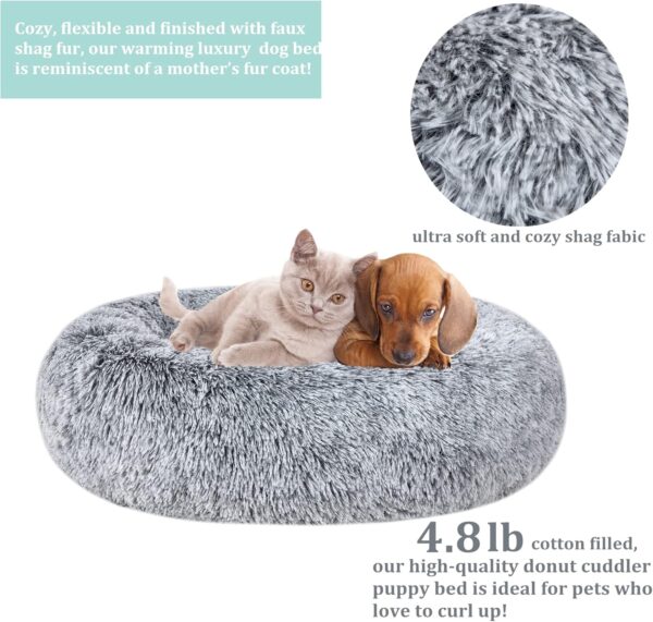 Calming Faux Fur Donut Cuddler Dog Bed,Washable Round Cat Bed Pillow Cuddler Gradient Color(23"/30") for Small Medium Large Dogs (XL 36", Grey) - Image 2