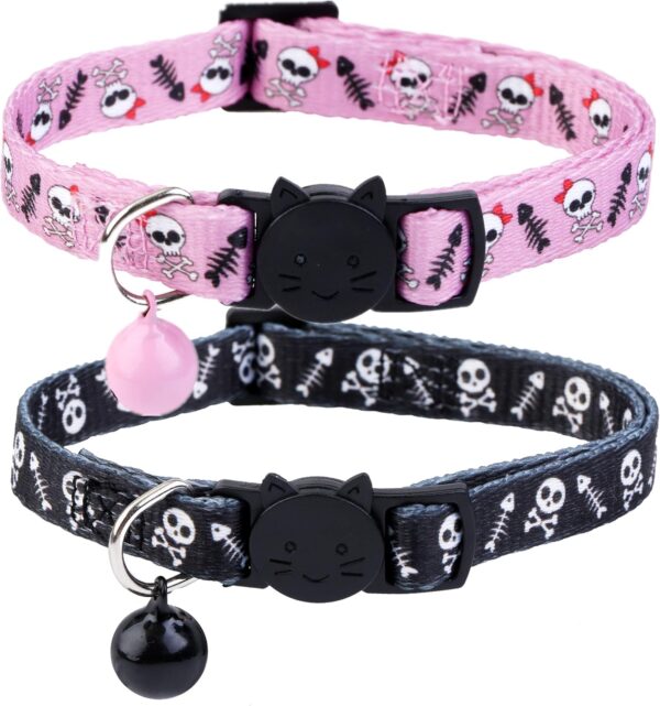 BoomBone Skull Cat Collar Breakaway with Bell,Pack of 2 Safe Halloween Puppy Collars