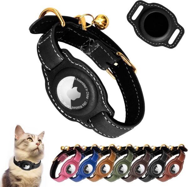 AirTag Cat Collar with Bell - Non Breakaway Leather Cat Collar with Separable Apple AirTag Holder - Lightweight Cat Tracker Collars for Girl Boy Cats, Small Dogs, Puppies (Black)