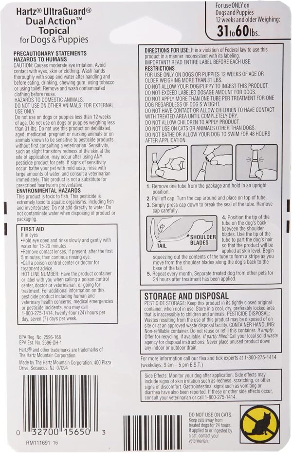 Hartz UltraGuard Dual Action Topical Flea & Tick Treatment for Dogs and Puppies - 31-60lbs, 3 Monthly Treatments - Image 2