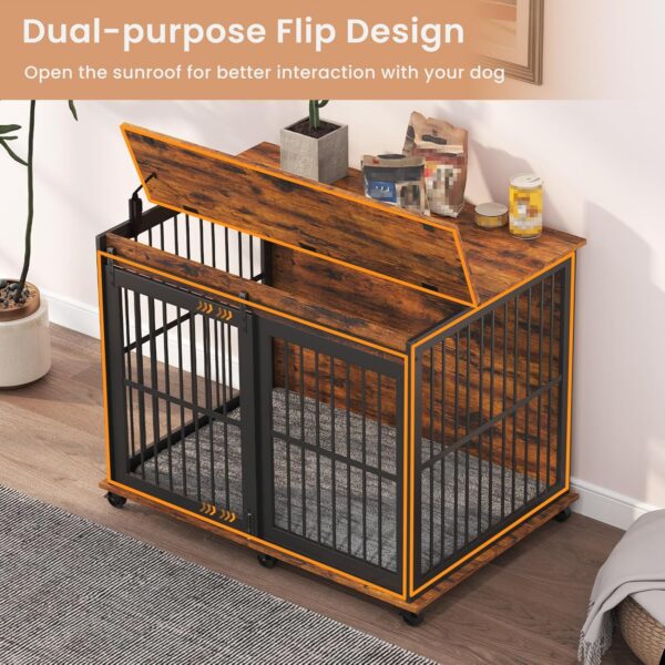 43.7'' Dog Crate Furniture with Cushion for Medium to Large Pets, Wooden Cage End Table, Heavy Duty Indoor Puppy Kennel with Flip-up Top and Sliding Door, Brown - Image 2