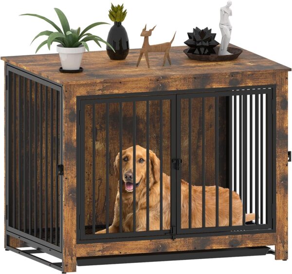 Dog Crate Furniture, Large Dog Crate Furniture, Wooden Cage Kennel Furniture Indoor, Modern Dog Crate with Multi-Purpose Removable Tray, Double-Doors Dog Furniture, Rustic Brown